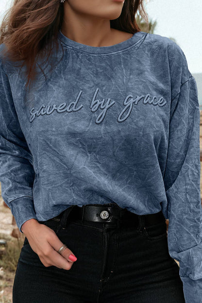 Saved By Grace Embroidery Mineral Wash Loose Sweatshirt