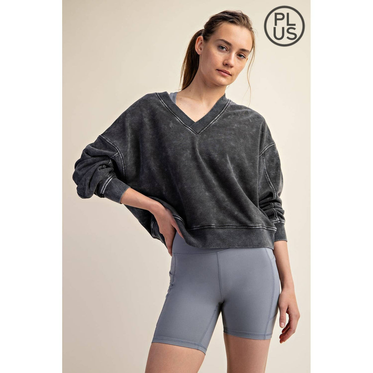 PLUS SIZE MINERAL WASHED FRENCH TERRY V-NECK PULLOVER Rae Mode