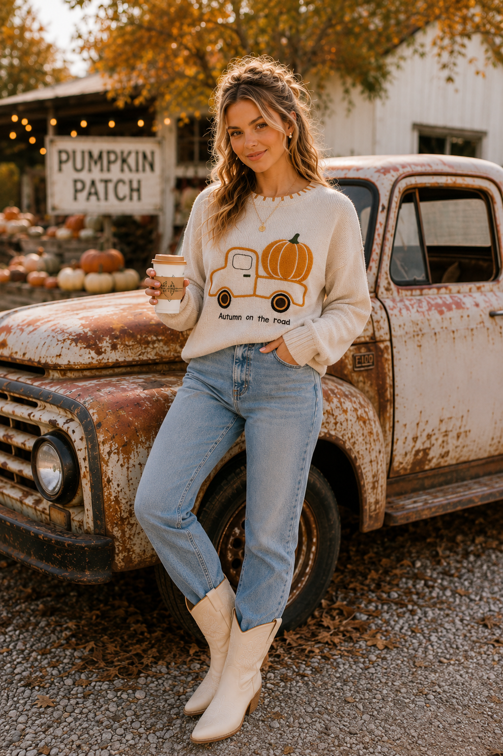 Main Strip - Autumn on the Road Pumpkin Truck Graphic Sweater