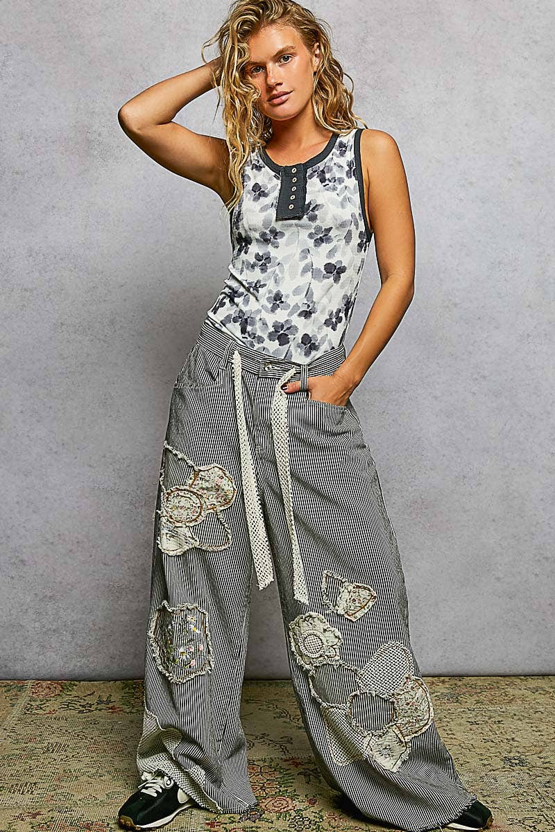 Pol Clothing - Round Neck Sleeveless Ribbed Floral Printed Knit Top