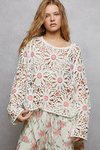 Pol Clothing - Floral Weave Round Neck Long Sleeve Crochet Top