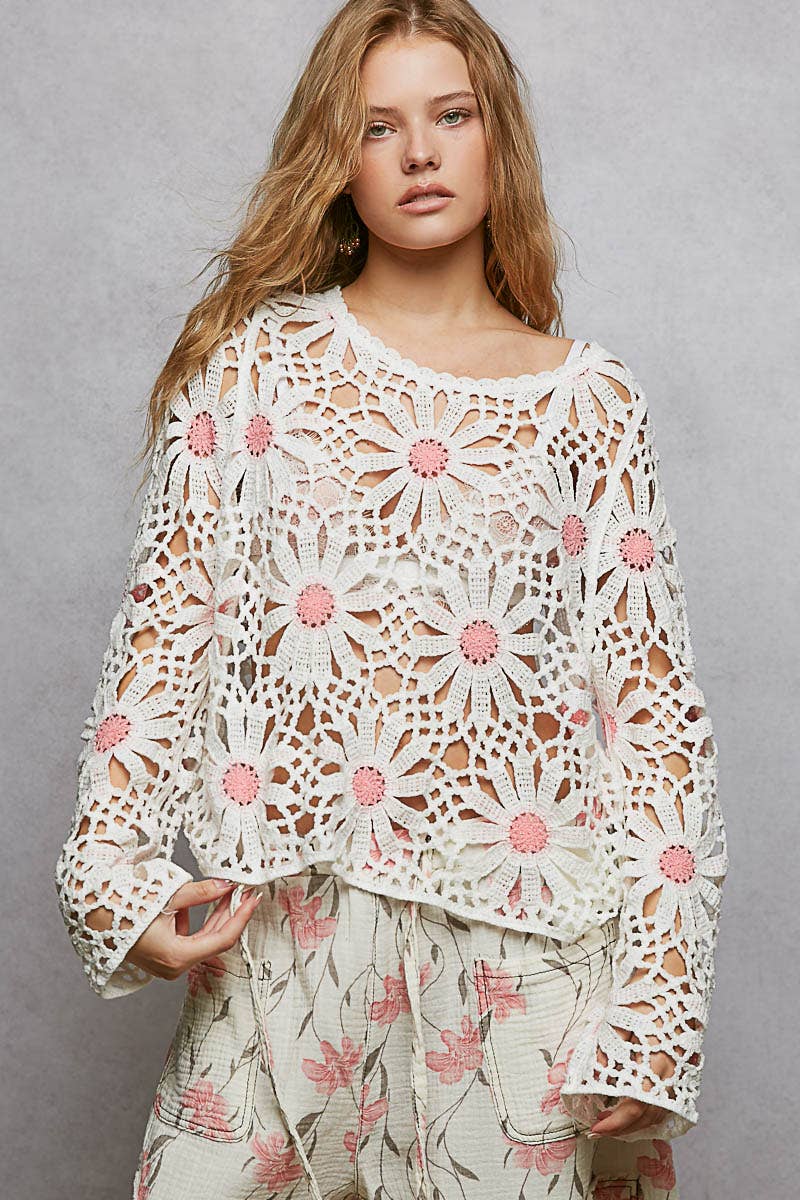 Pol Clothing - Floral Weave Round Neck Long Sleeve Crochet Top