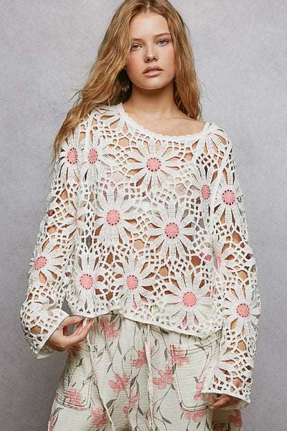 Pol Clothing - Floral Weave Round Neck Long Sleeve Crochet Top
