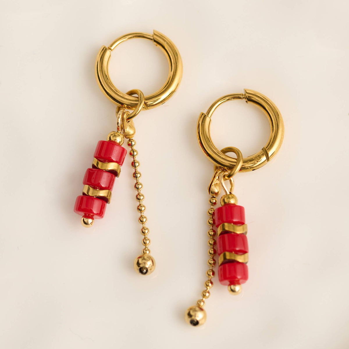 Howard's - Waterproof Earrings Hoop Red Agate Narelle Gold Beaded