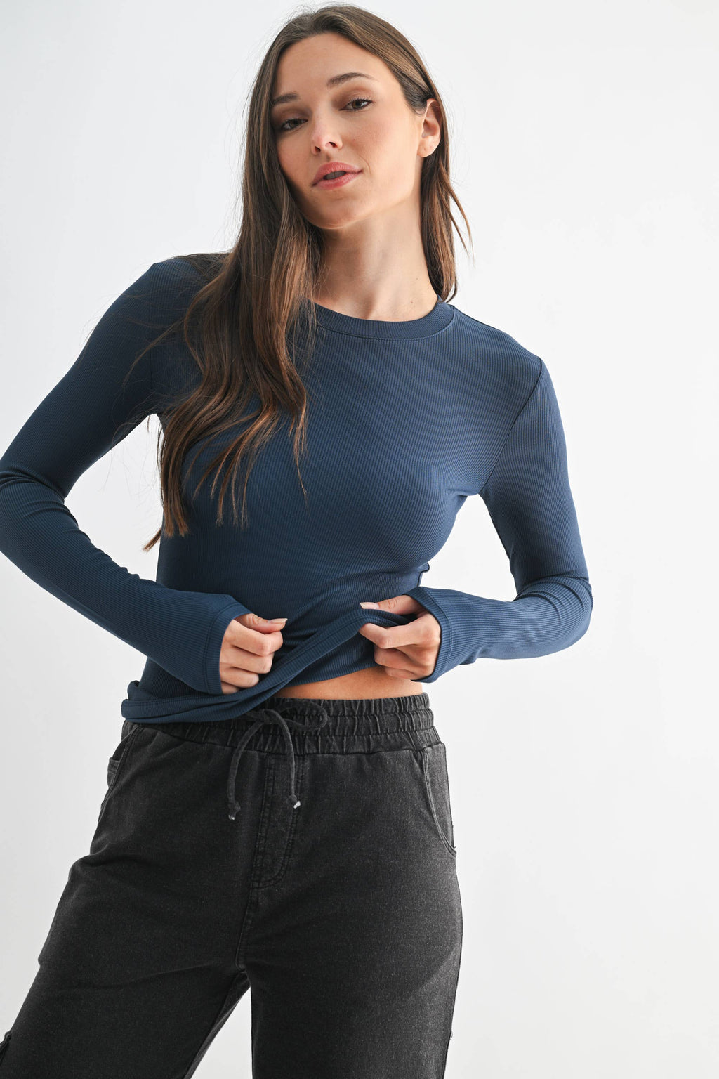 Essential Long-Sleeved Micro-Ribbed Athleisure Top Mono-B