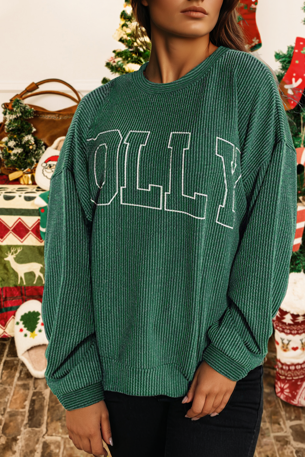 Christmas Twisted Rib Merry Letter Loose Long Sleeve Top