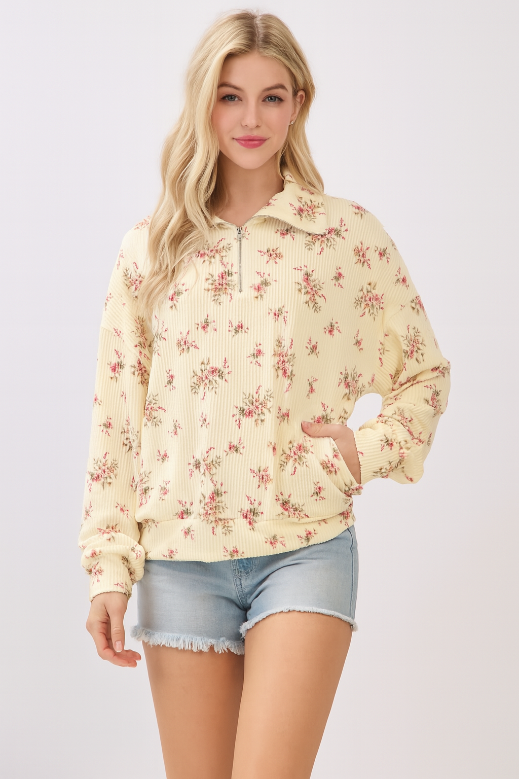 Floral Ribbed Quarter-Zip Pullover