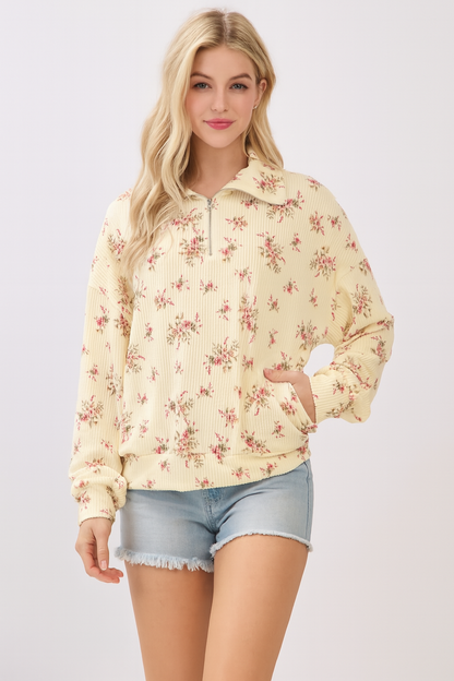 Floral Ribbed Quarter-Zip Pullover
