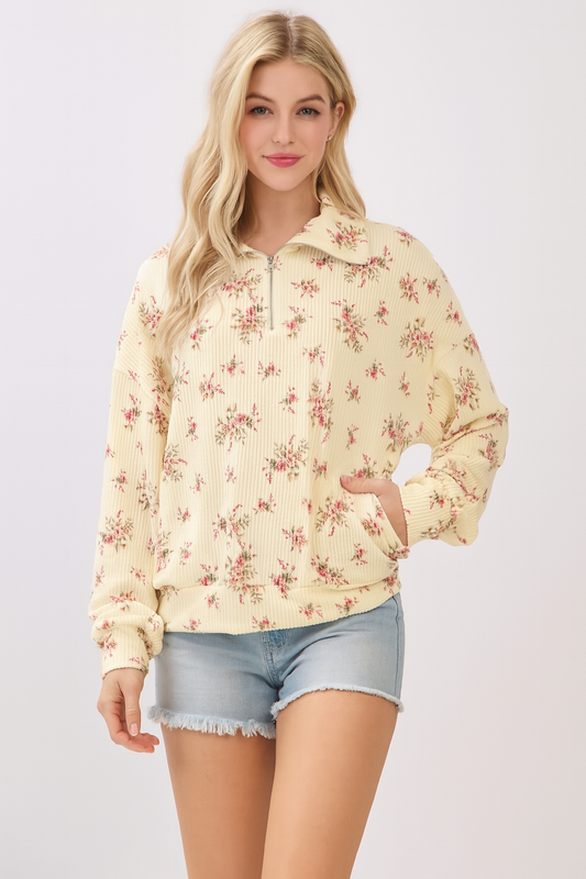 Floral Ribbed Quarter-Zip Pullover