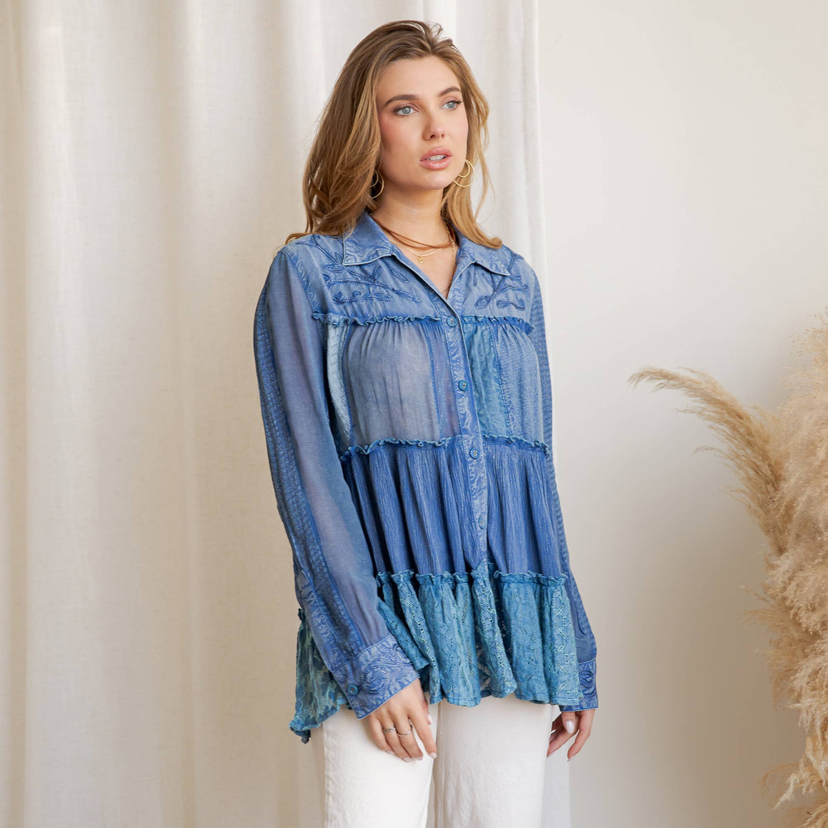 Young Threads - Mineral Wash Tiered Button-Down Blouse with Floral Details