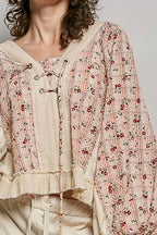 Strawberry V Neck Balloon Sleeve Floral Ruffle Woven Printed Top