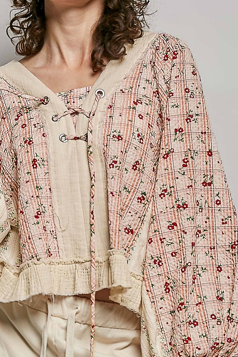 Strawberry V Neck Balloon Sleeve Floral Ruffle Woven Printed Top