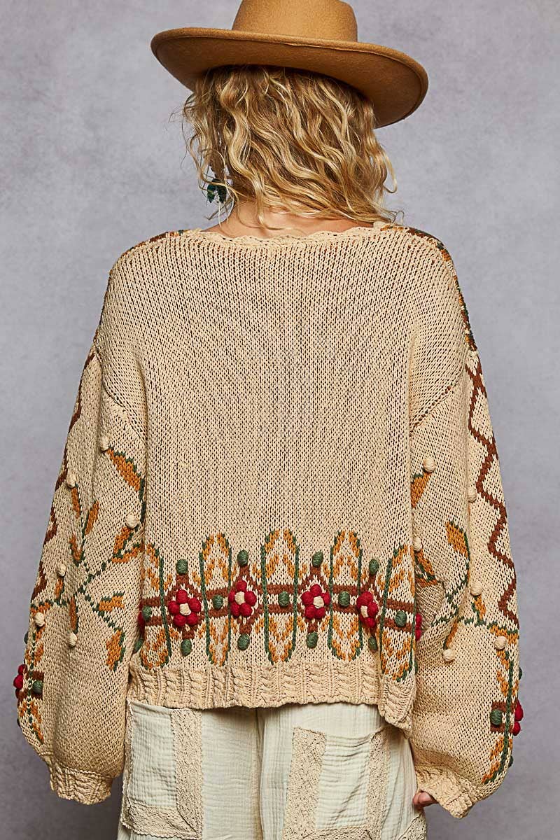 Pol Clothing - Scoop neck Aztec pattern 3D floral detail sweater top