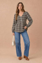 Haptics - Plus Crinkle Plaid Pin Tuck Buttoned Woven Blouse