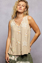 Pol Clothing - Boho Floral Star Patch Rib Sleeveless Top