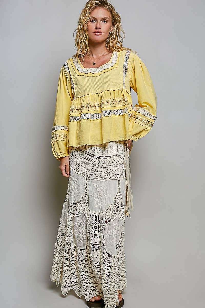Pol Clothing - Embroidery Lace Contrast Square Neck Long Sleeve top