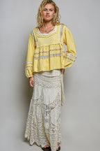 Pol Clothing - Embroidery Lace Contrast Square Neck Long Sleeve top