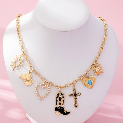Western Charm Necklace - Boot cross heart