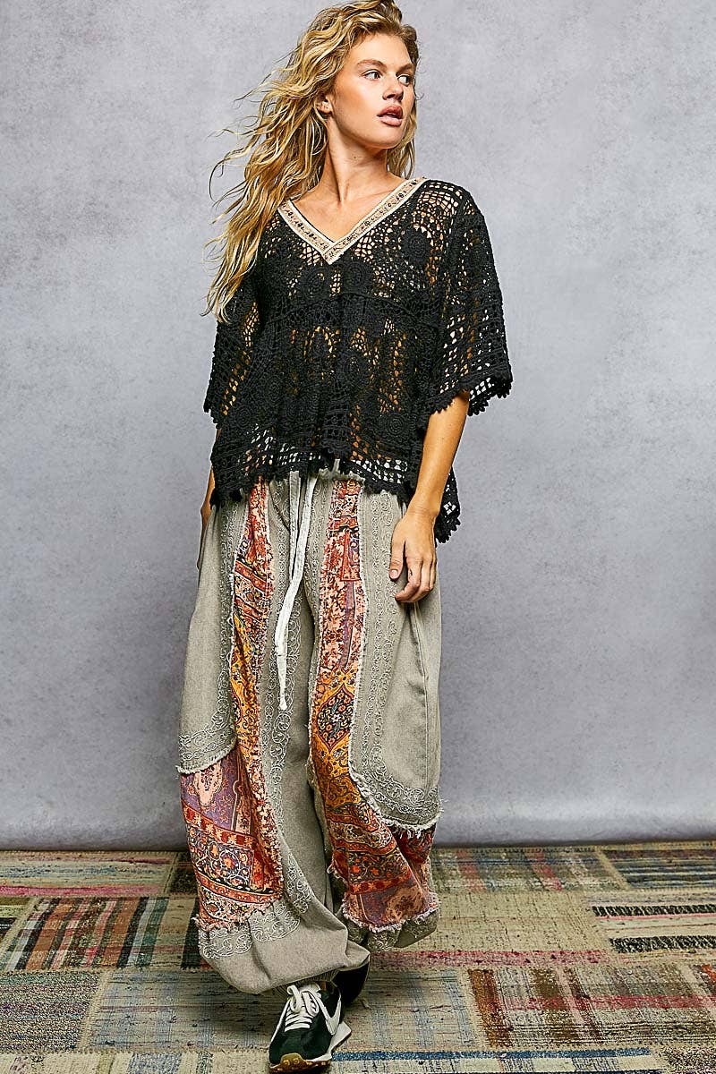 Pol Clothing - 3/4 Sleeve V-neck Crochet Varied Pattern Flared Top
