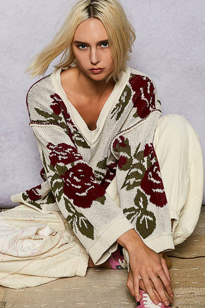 Pol Clothing - Long sleeve contrast floral exposed seam detail sweater top