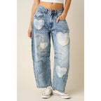 PLAID HEART PATCH BARREL LEG JEANS