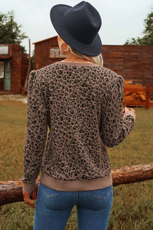 Ribbed Trim Leopard Print Long Sleeve Top