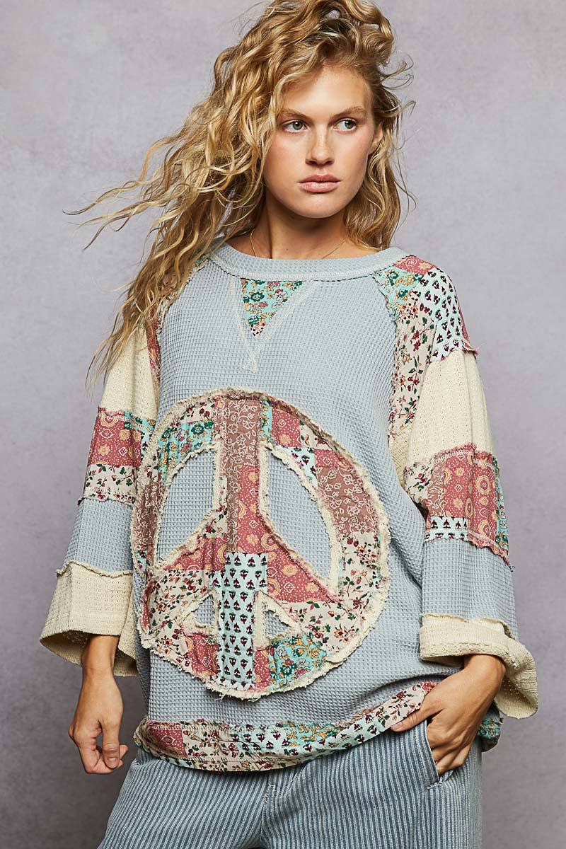 Pol Clothing - Round neck printed peace patch overlock stitch knit top