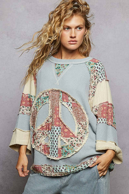 Pol Clothing - Round neck printed peace patch overlock stitch knit top