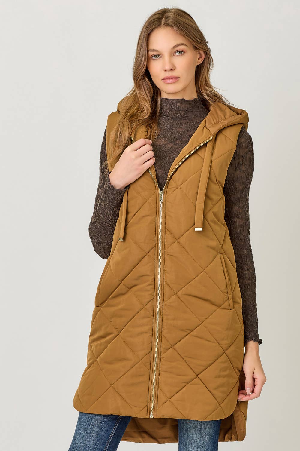 Mystree Quilted Puffer Long Hoodie Vest