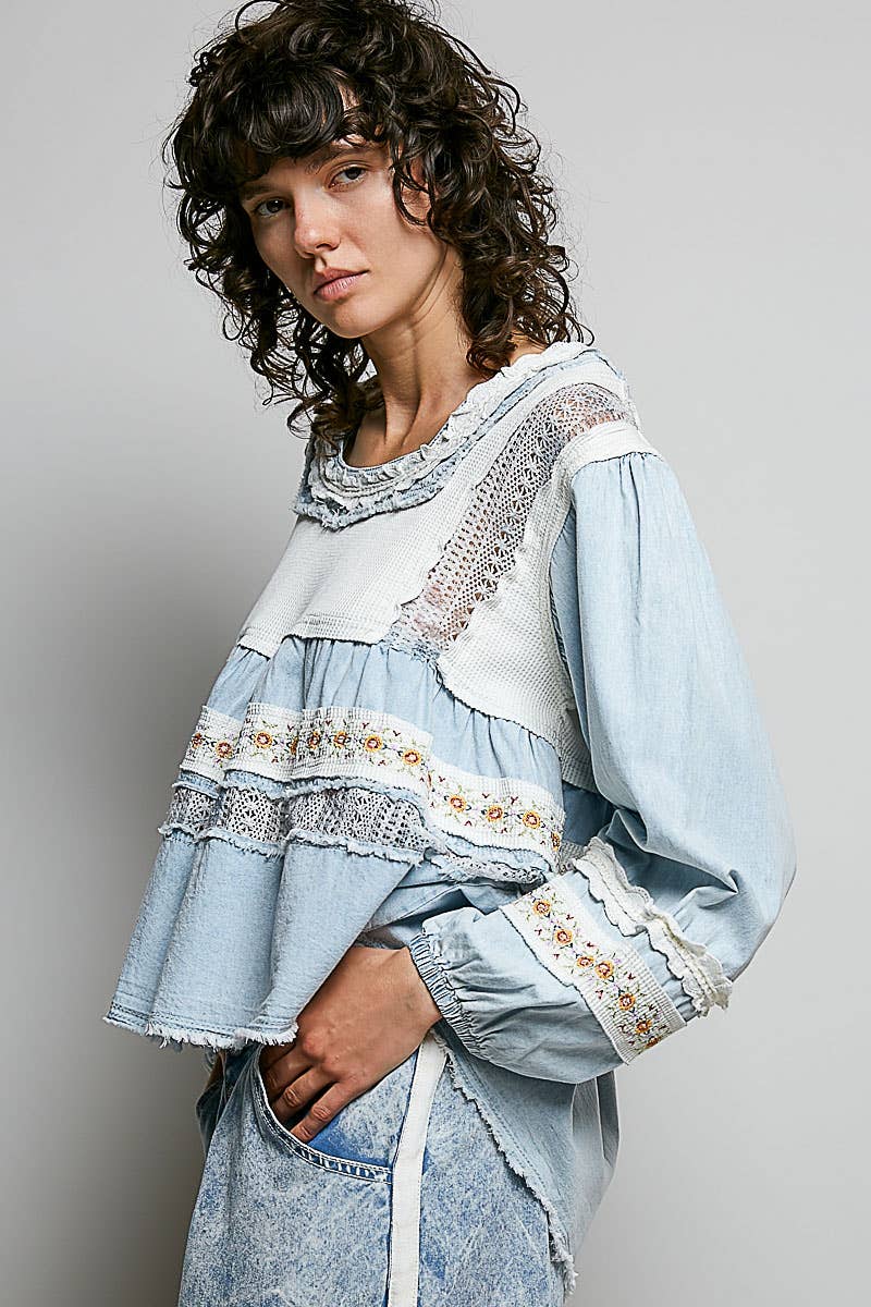 Pol Clothing - Embroidery Lace Contrast Square Neck Long Sleeve top