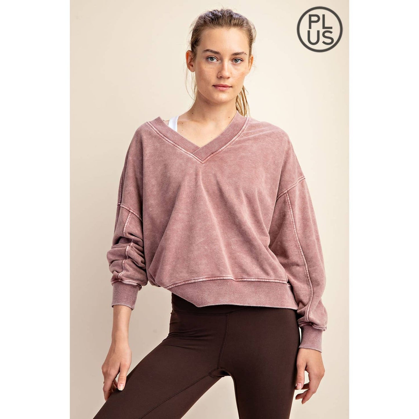 PLUS SIZE MINERAL WASHED FRENCH TERRY V-NECK PULLOVER Rae Mode