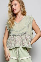 Pol Clothing - V-neck Floral Pattern Trim Ruffle Rib Knitted Sleeveless Top