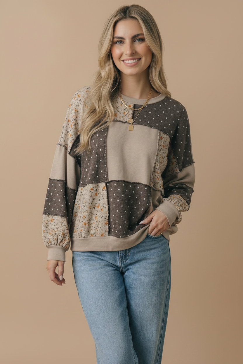 Haptics - Round Neck Mixed Print Patchwork Pullover