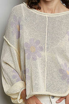 Pol Clothing - Round Neck Balloon Sleeve Floral Print Thin Sweater