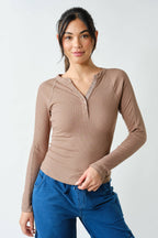 Essential Long-Sleeved Micro-Ribbed Henley Top-Mono B