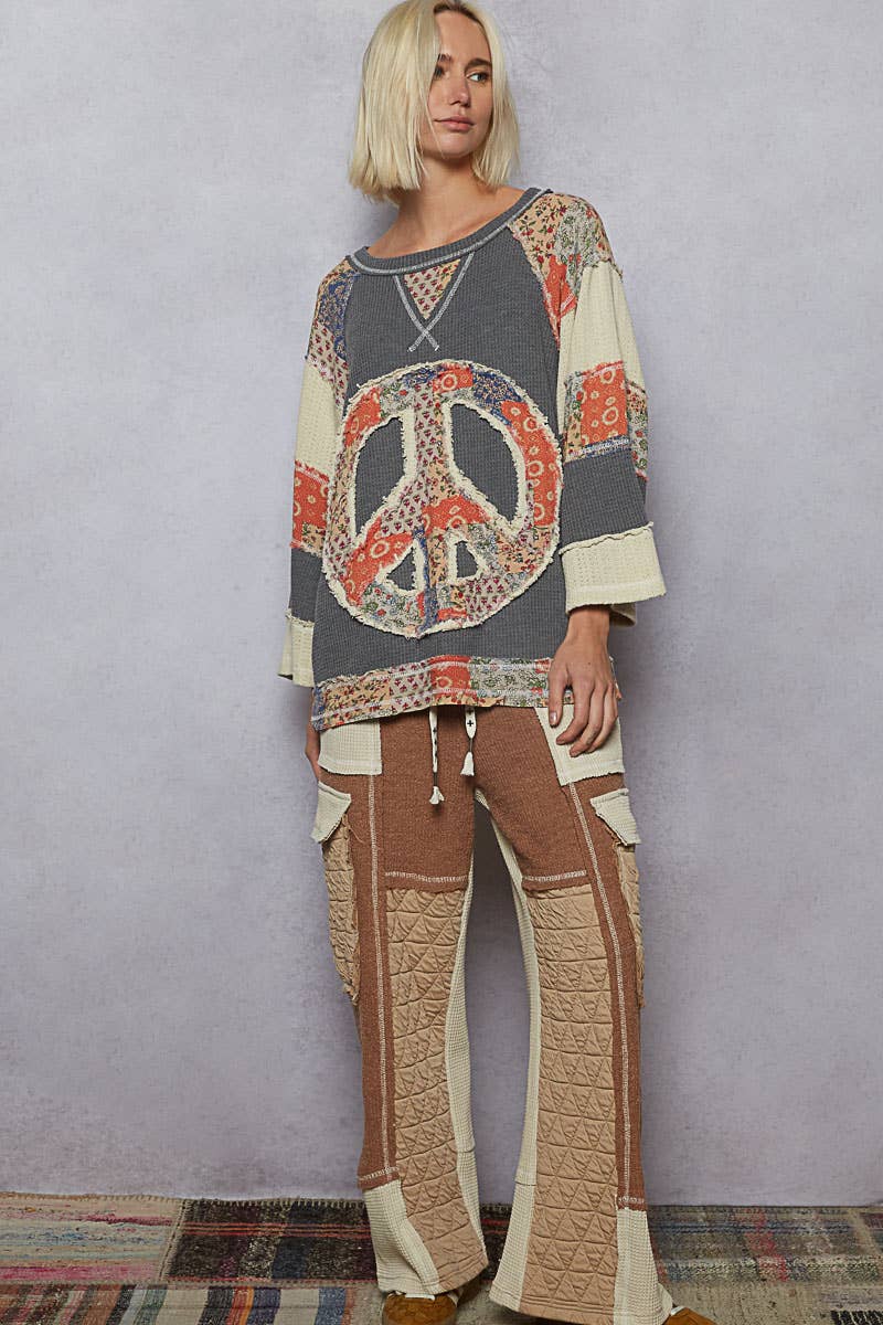 Pol Clothing - Round neck printed peace patch overlock stitch knit top