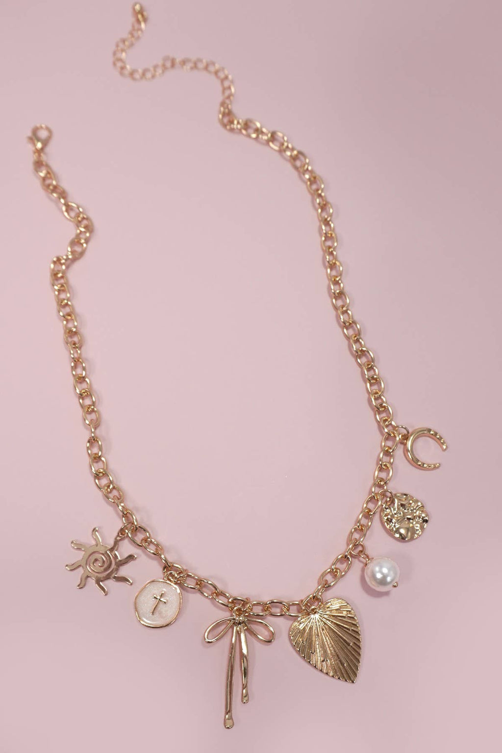 SUN BOW PEARL CROSS DISC U CHARM NECKLACE