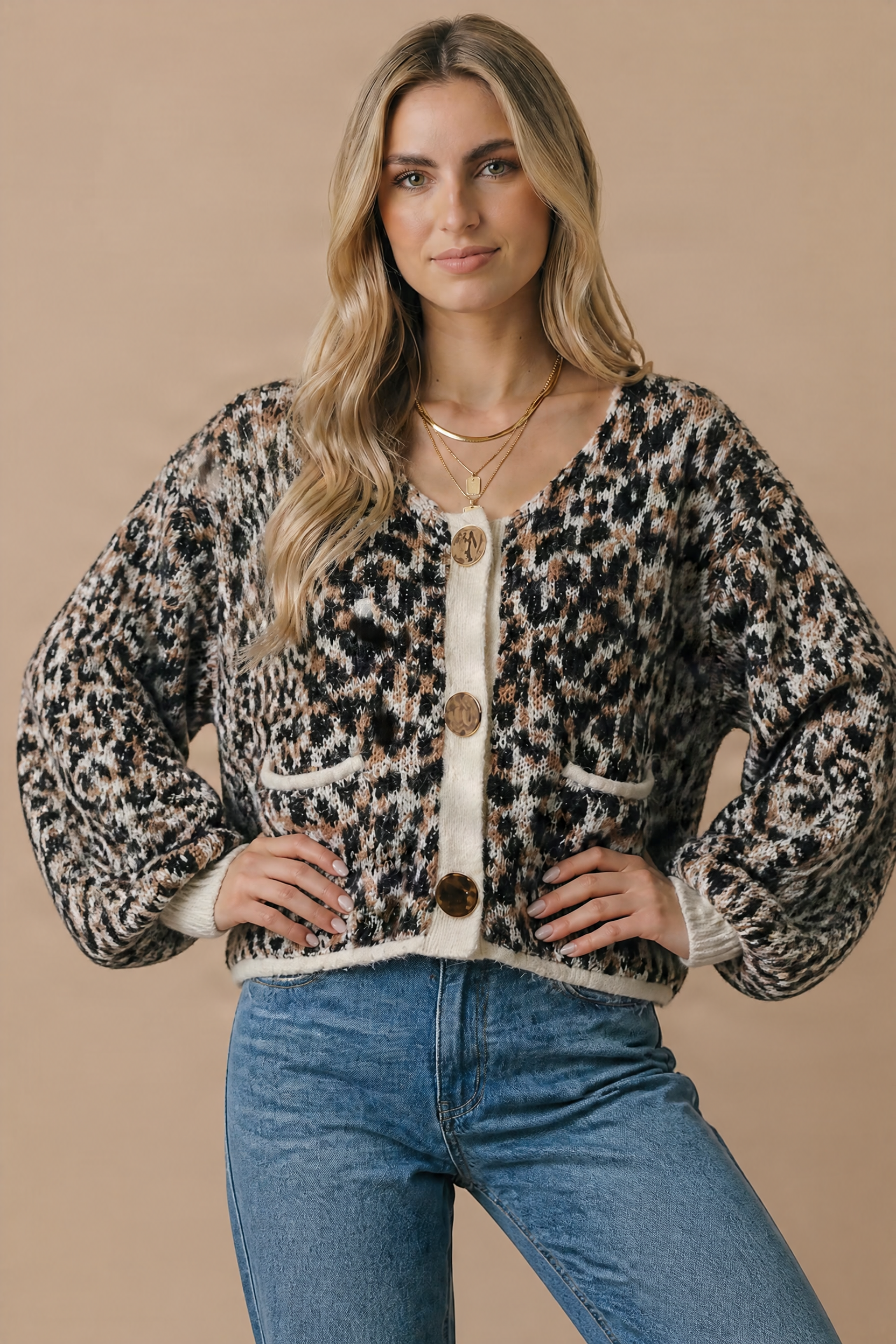 Haptics - Scoop Neck Leopard Gold Buttons Cardigan