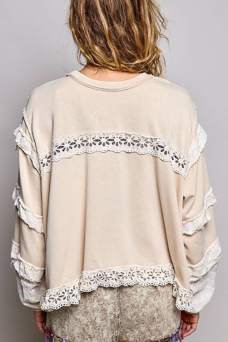 Pol Clothing - French Terry Eyelet Ruffle Vintage Washing Solid Knit Top