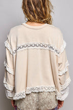 Pol Clothing - French Terry Eyelet Ruffle Vintage Washing Solid Knit Top
