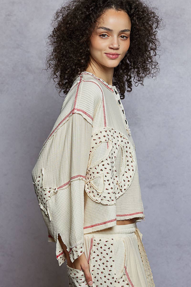 Pol Clothing - Round neck peace patch floral oversized fit knit top