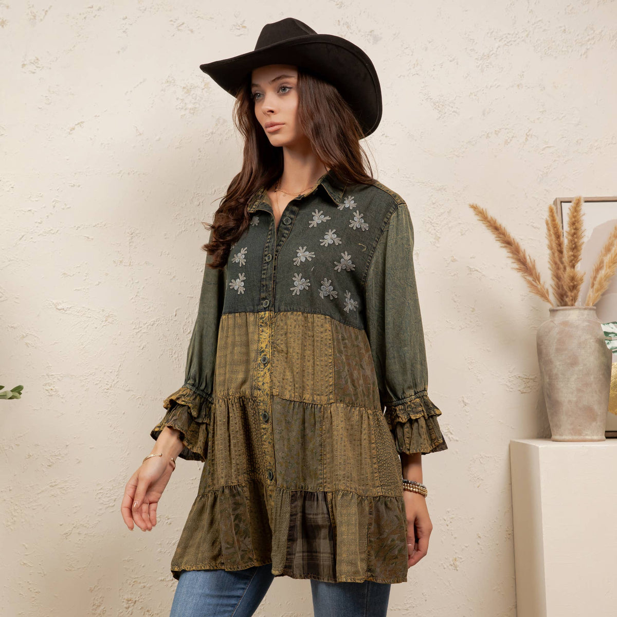 Young Threads - Boho Embroidered Floral Plaid Button-Down Top NEW