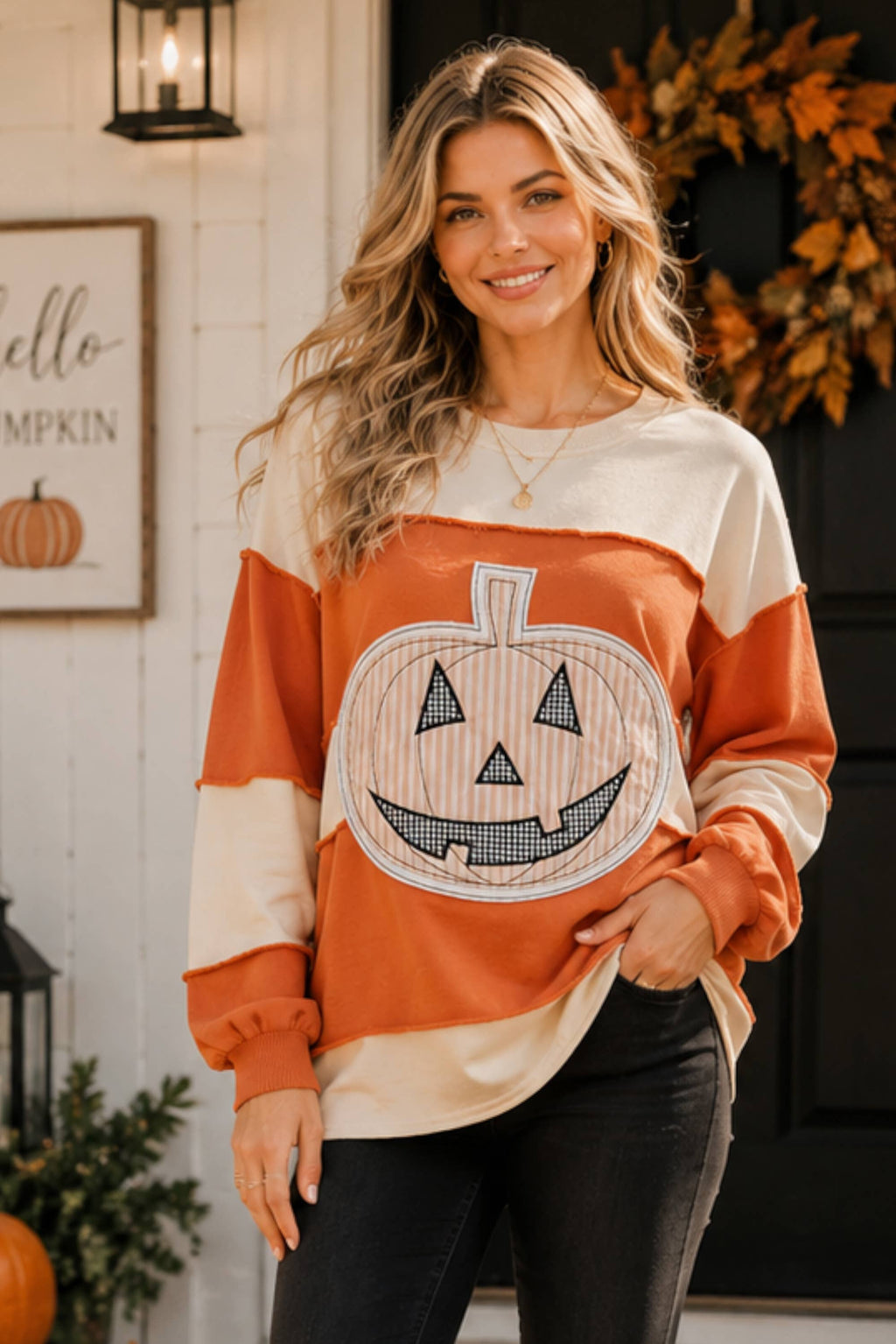 Main Strip - Pumpkin Appliqué Color Block Pullover