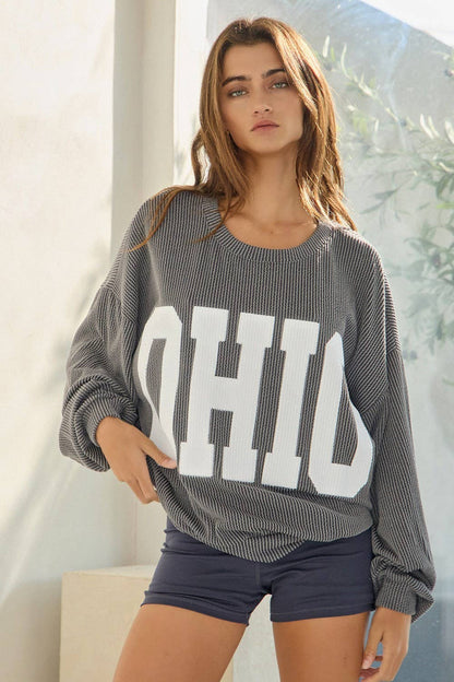 OHIO' Print Ribbed Oversized Graphic Sweatshirt