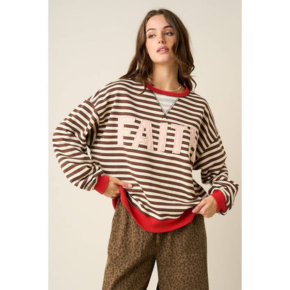 FAITH PATCHWORK STRIPED LONG SLEEVE SWEATSHIRT