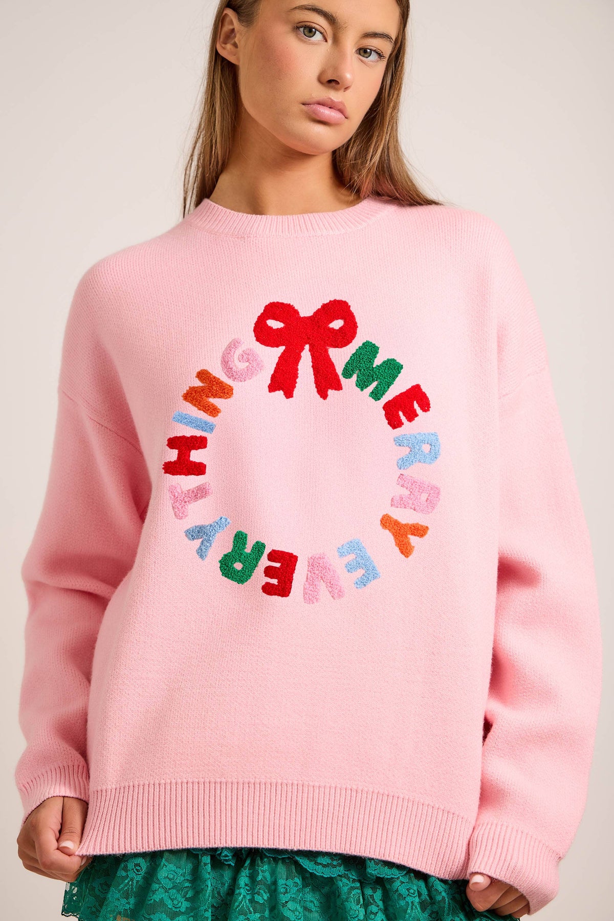 Merry Everything Knit Sweater with Wreath & Bow – Holiday