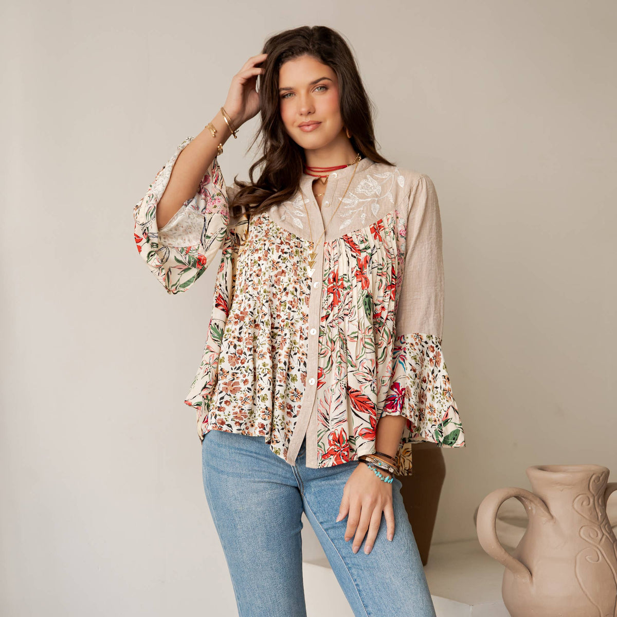 Vintage-Inspired Floral Emb Button-Down Boho Tunic Top NEW