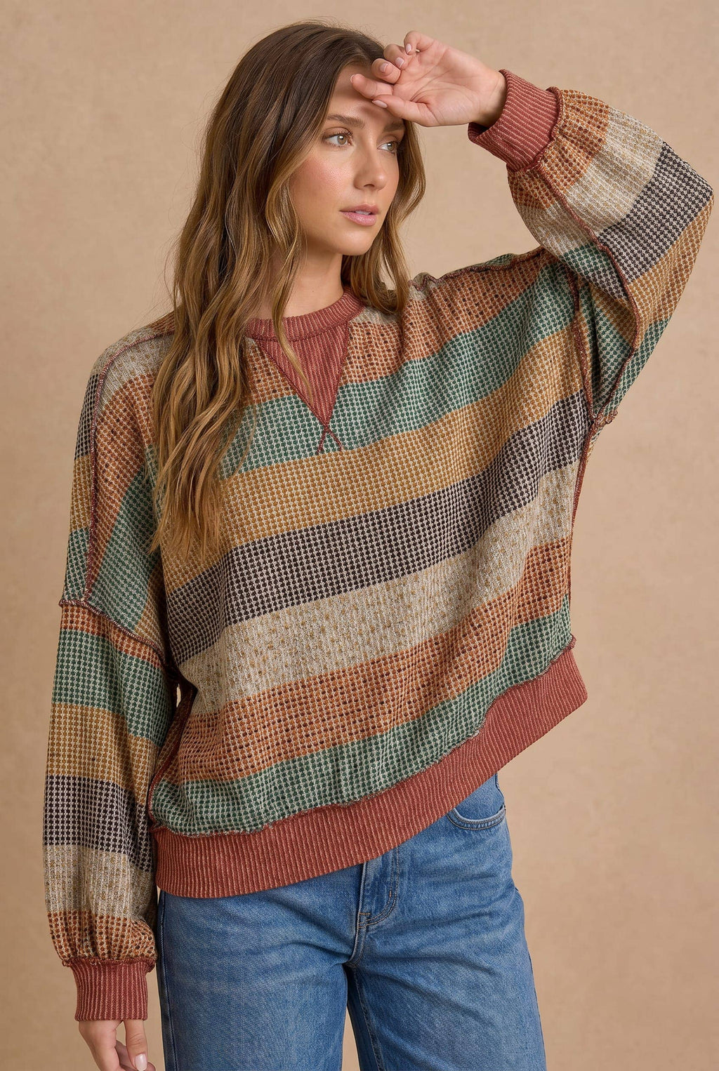 Haptics - Stripe Waffle Wave Rib Banded Hem Pullover