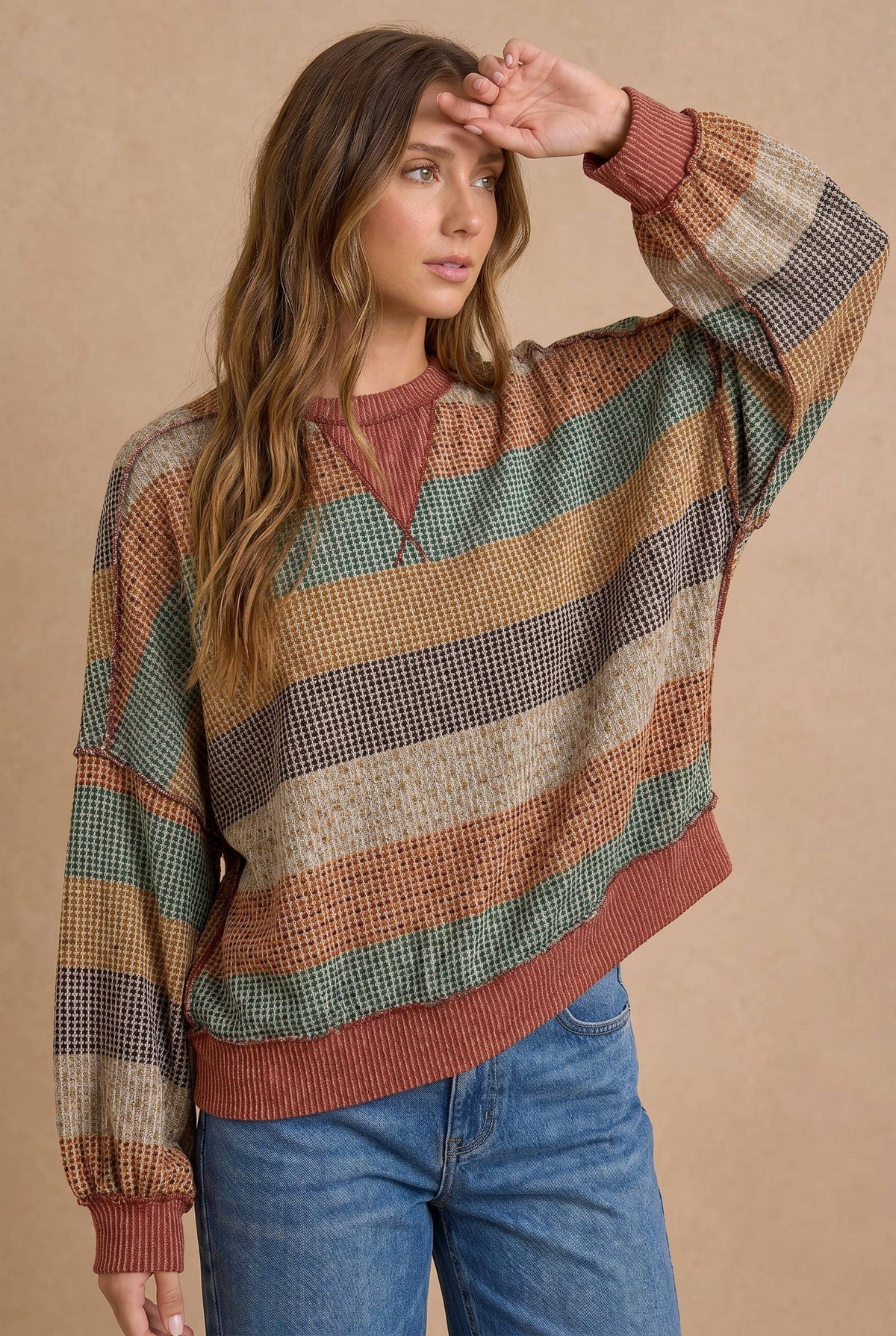 Haptics - Stripe Waffle Wave Rib Banded Hem Pullover