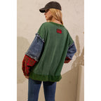 Sage + Fig - PLAID BOW DENIM SLEEVE PULLOVER (ST8117)